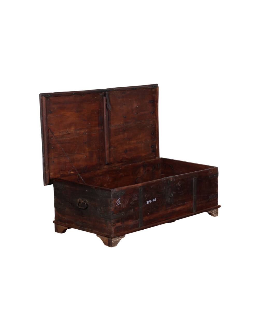 A dark brown wooden storage chest with an open hinged lid, showing its interior, photographed on a plain white background.