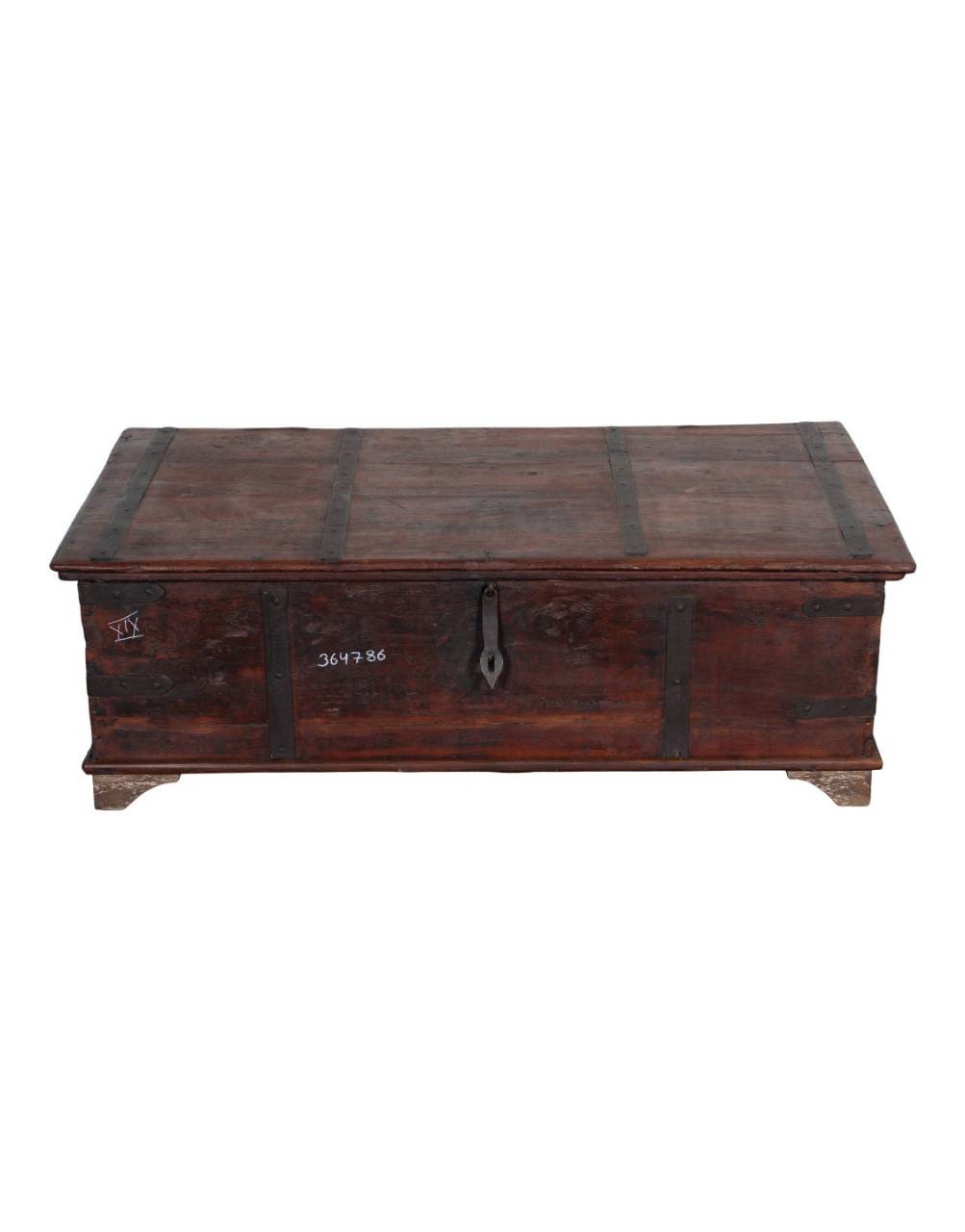 A rustic dark brown wooden storage chest with black metal straps and a central handle, shown against a plain white background.