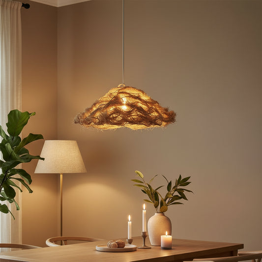 Decorative pendant light with a natural, organic design hanging against a dark background.
