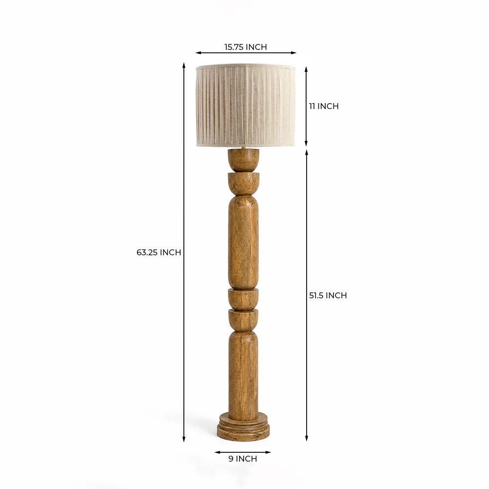Wooden lamp with beige lampshade and dimensions labeled on a white background