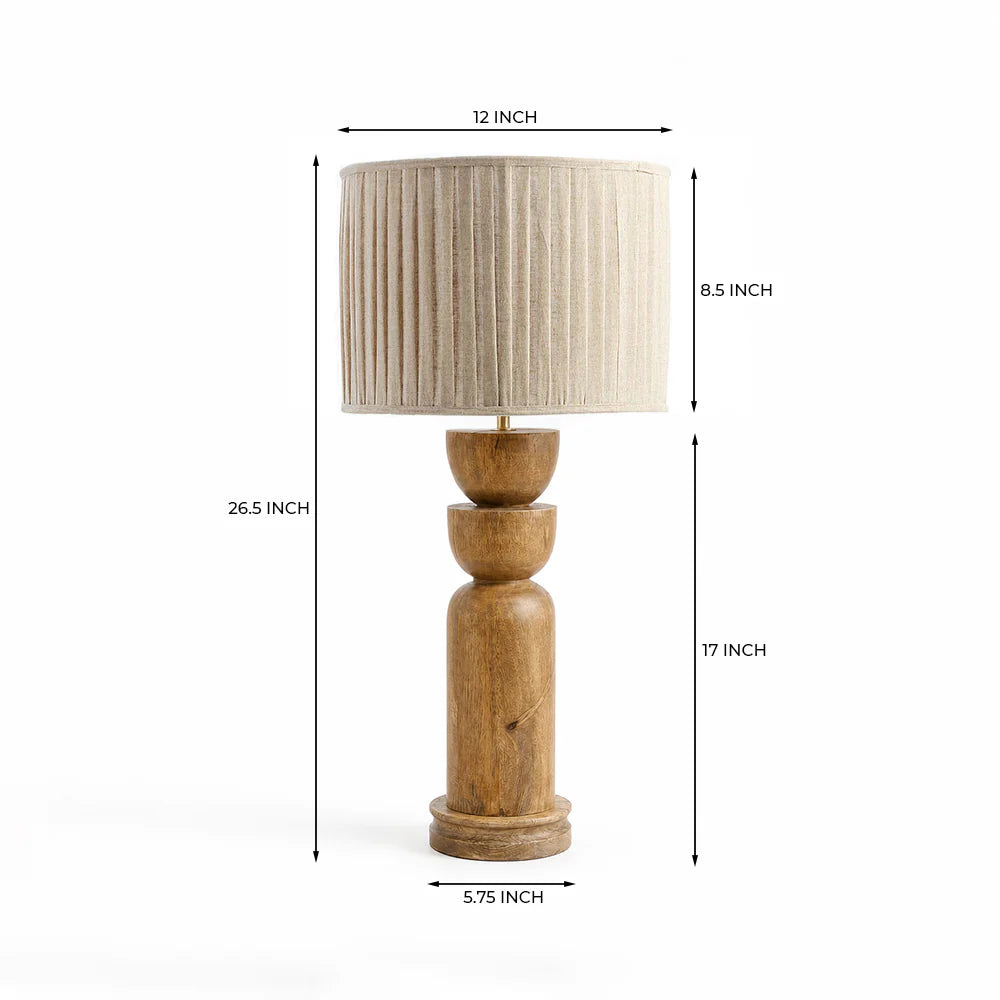 Wooden table lamp with beige lampshade and dimensions on a white background