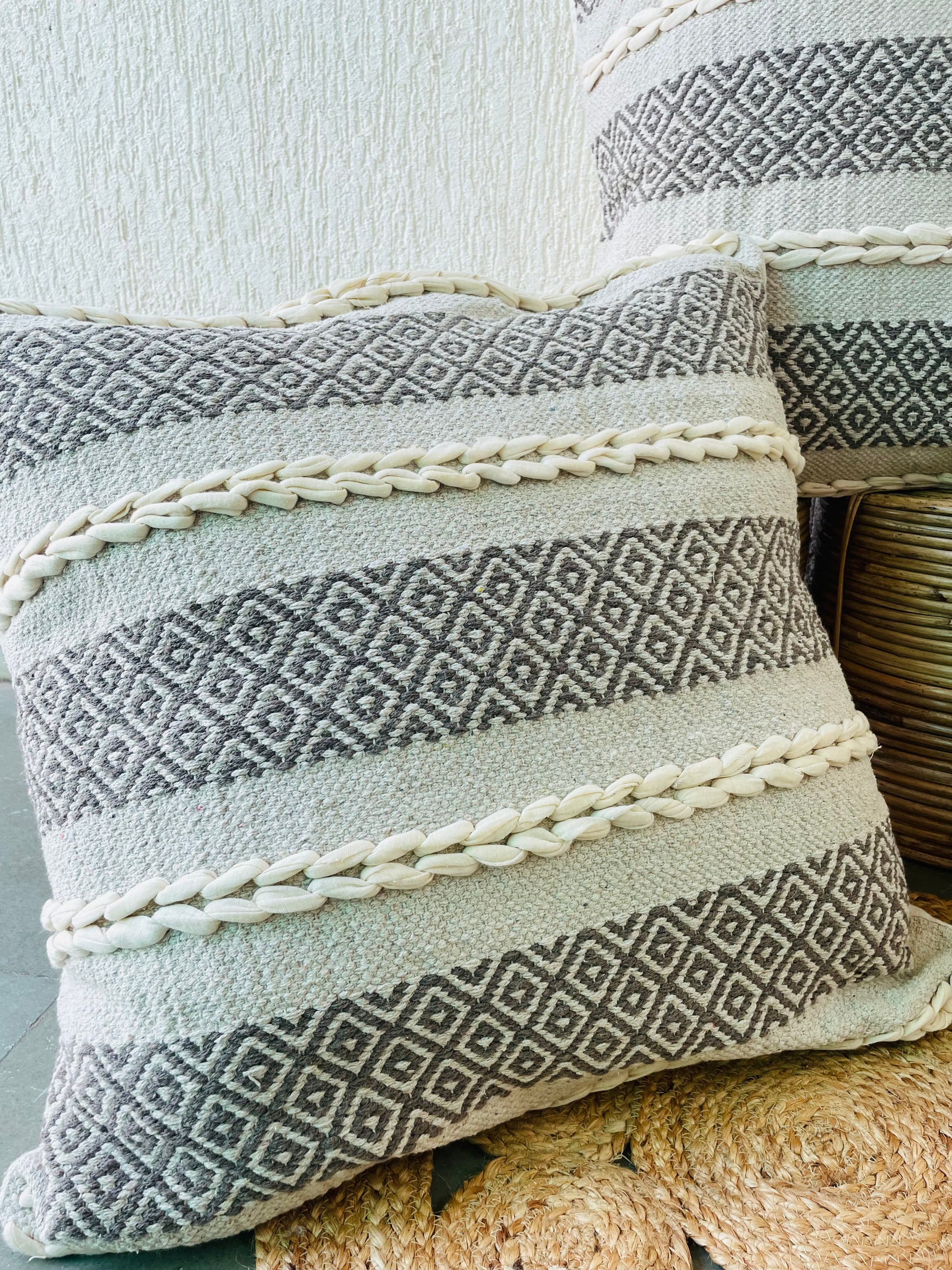 Bohemian Natural Cotton Cushion Covers - Grey and White - TESU