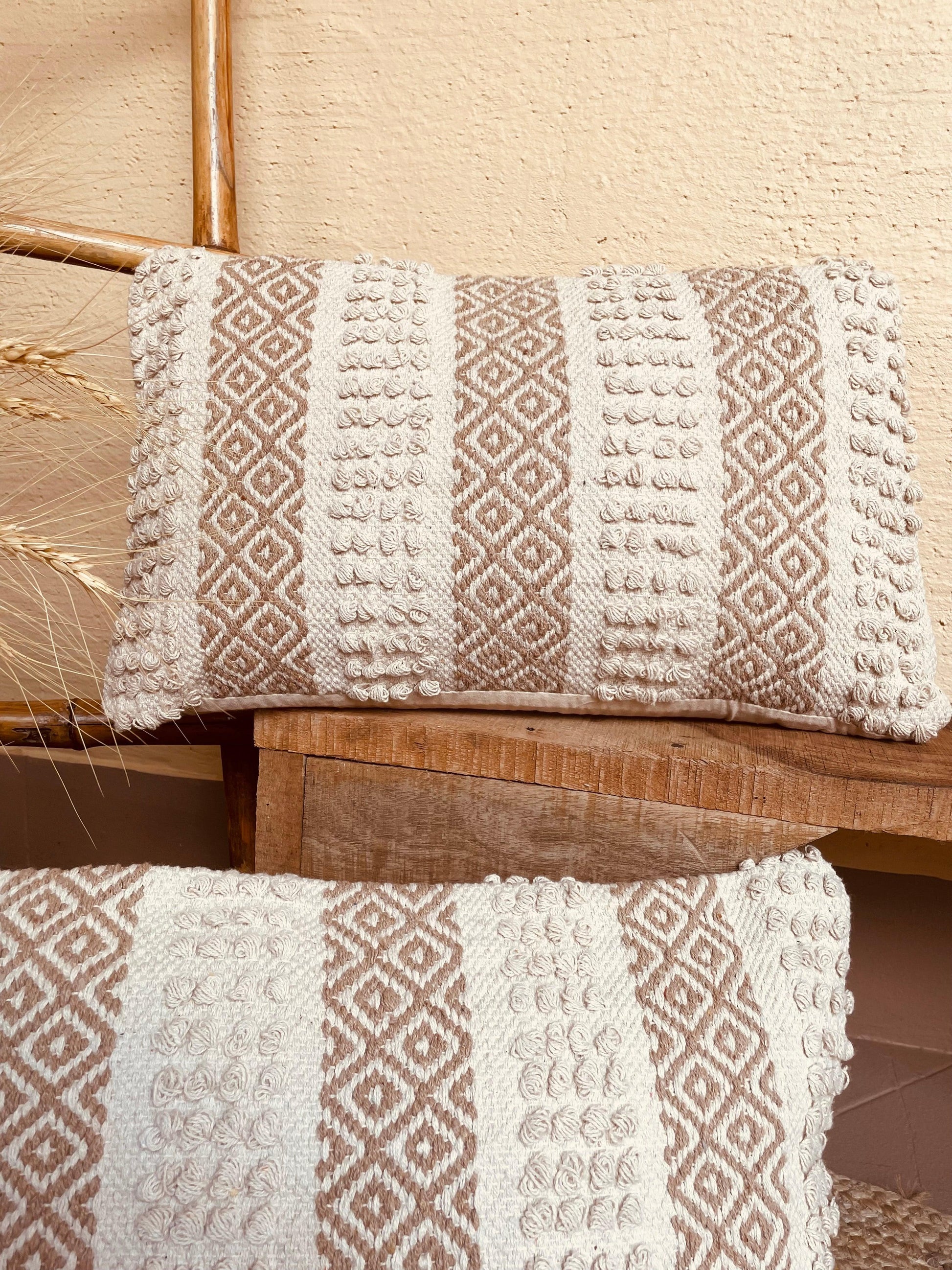 Bohemian Rectangle Natural Cotton Cushion Cover - Off White and Beige - TESU