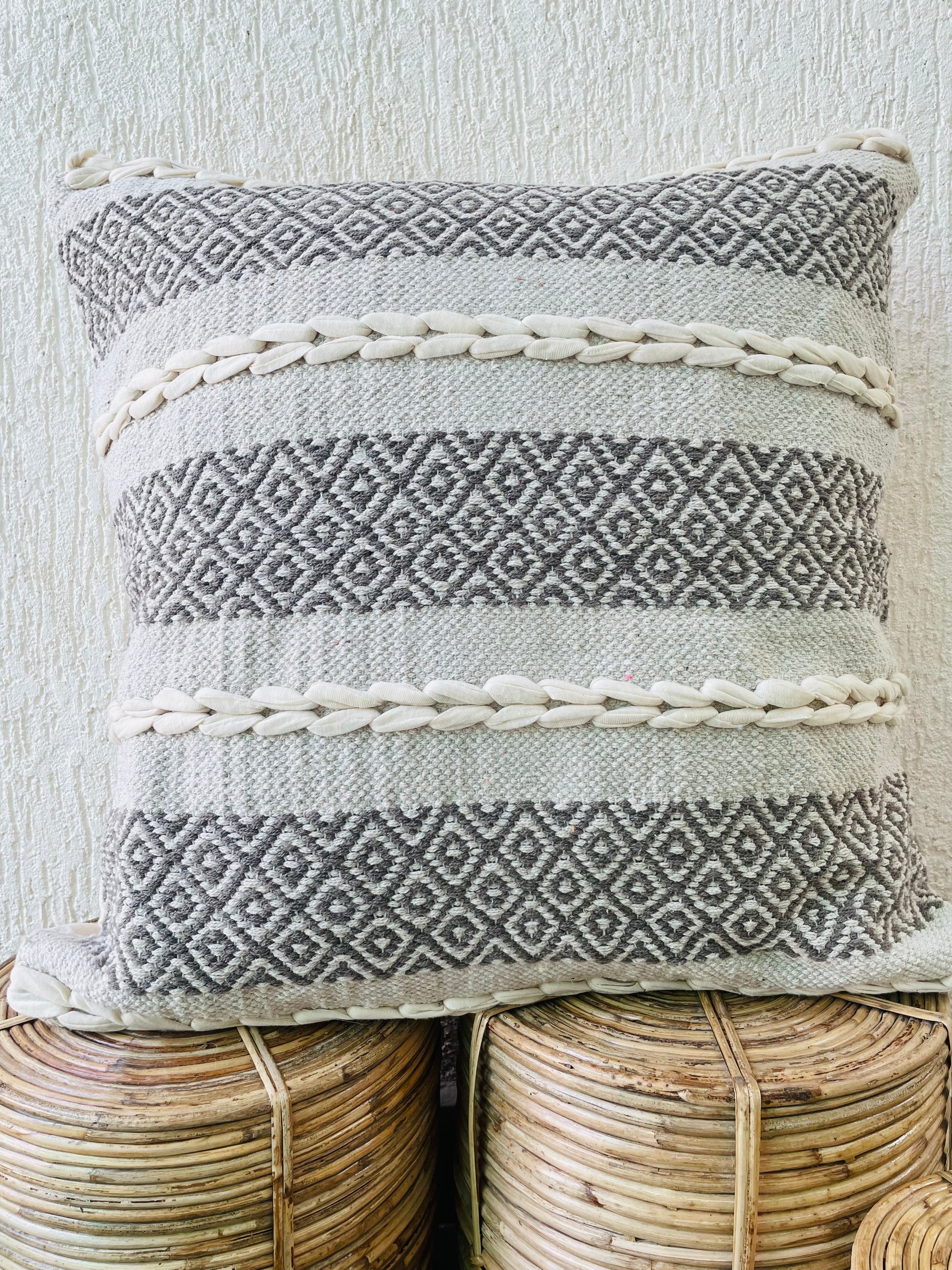 Bohemian Natural Cotton Cushion Covers - Grey and White - TESU