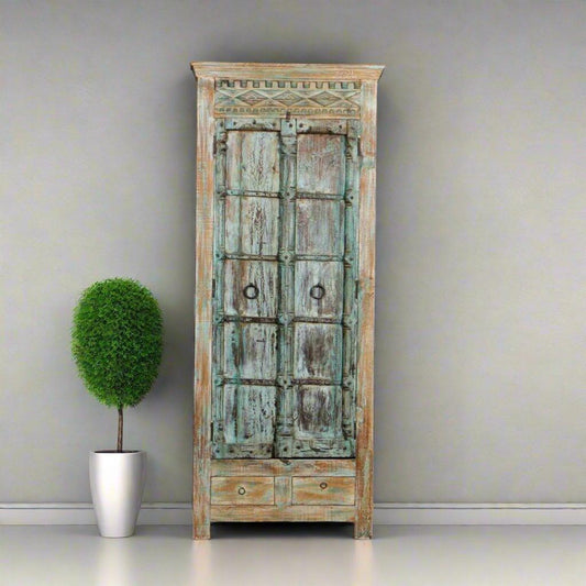 Antique Wood Turquoise Blue Almirah - TESU