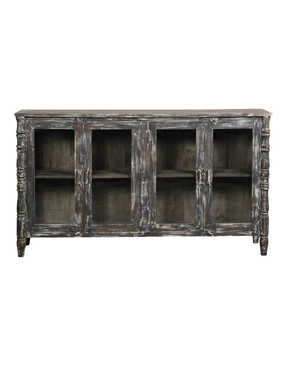 A rustic, distressed sideboard cabinet with four glass-paneled doors and open shelves, finished in a weathered gray-brown wood tone.