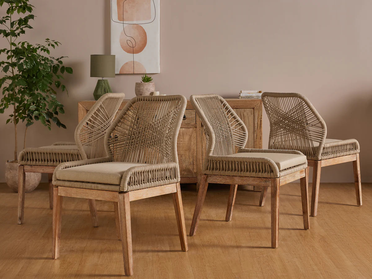 The Woven Elegance Chair for home decor typically embodies the peaceful, serene essence of nature, bringing elements of the outdoors into the indoor space. It's a design that not only serves as functional seating but also as a statement piece that promotes relaxation and harmony. 