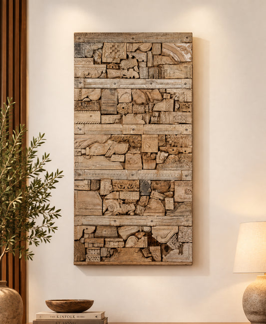 Unique mosaic design made from salvaged carved wood fragments.