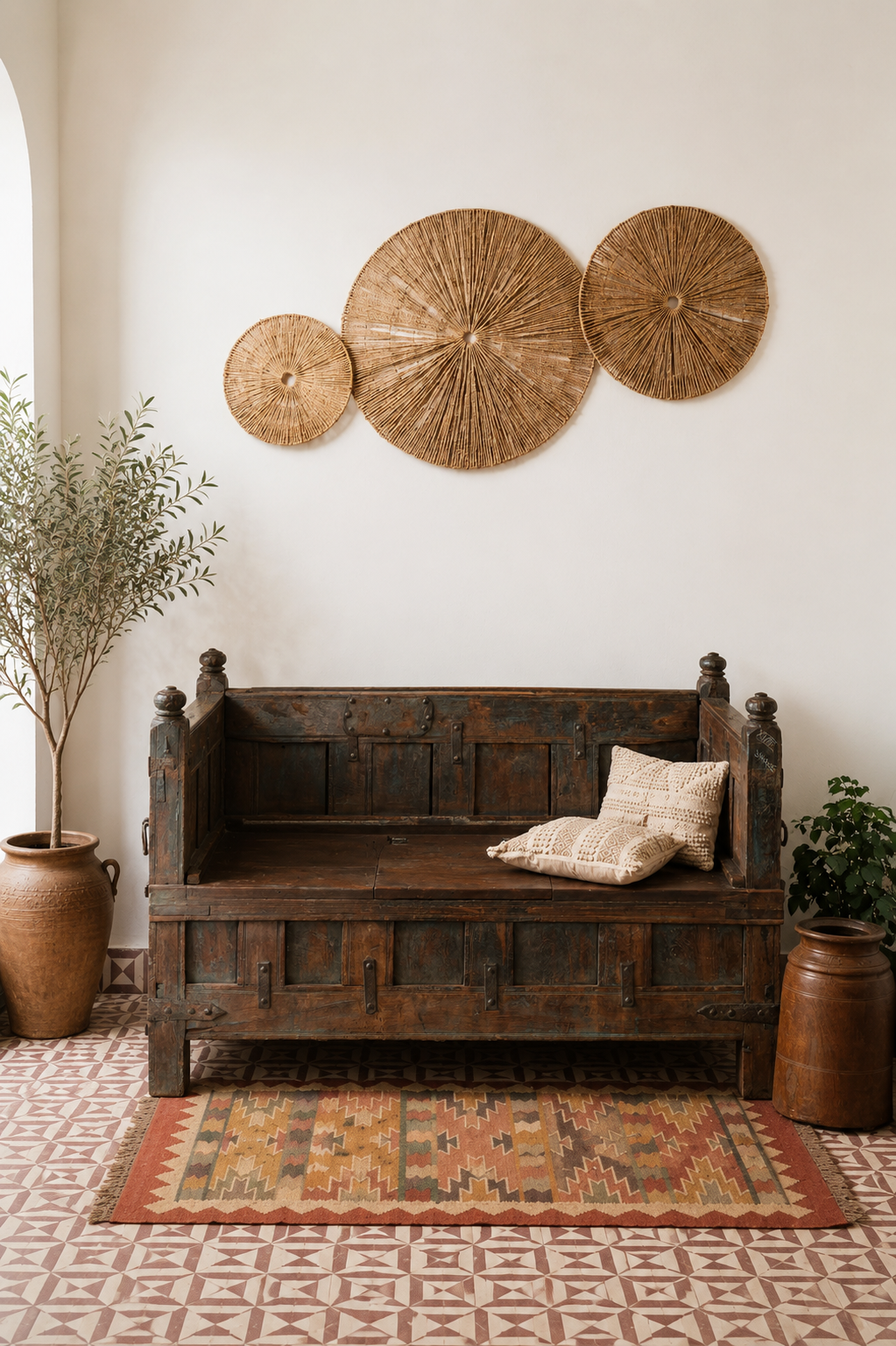 A rustic dark brown wooden bench with carved details, styled in a bohemian room setting with a patterned rug, potted plants, and three woven circular wall decorations on an off-white wall.