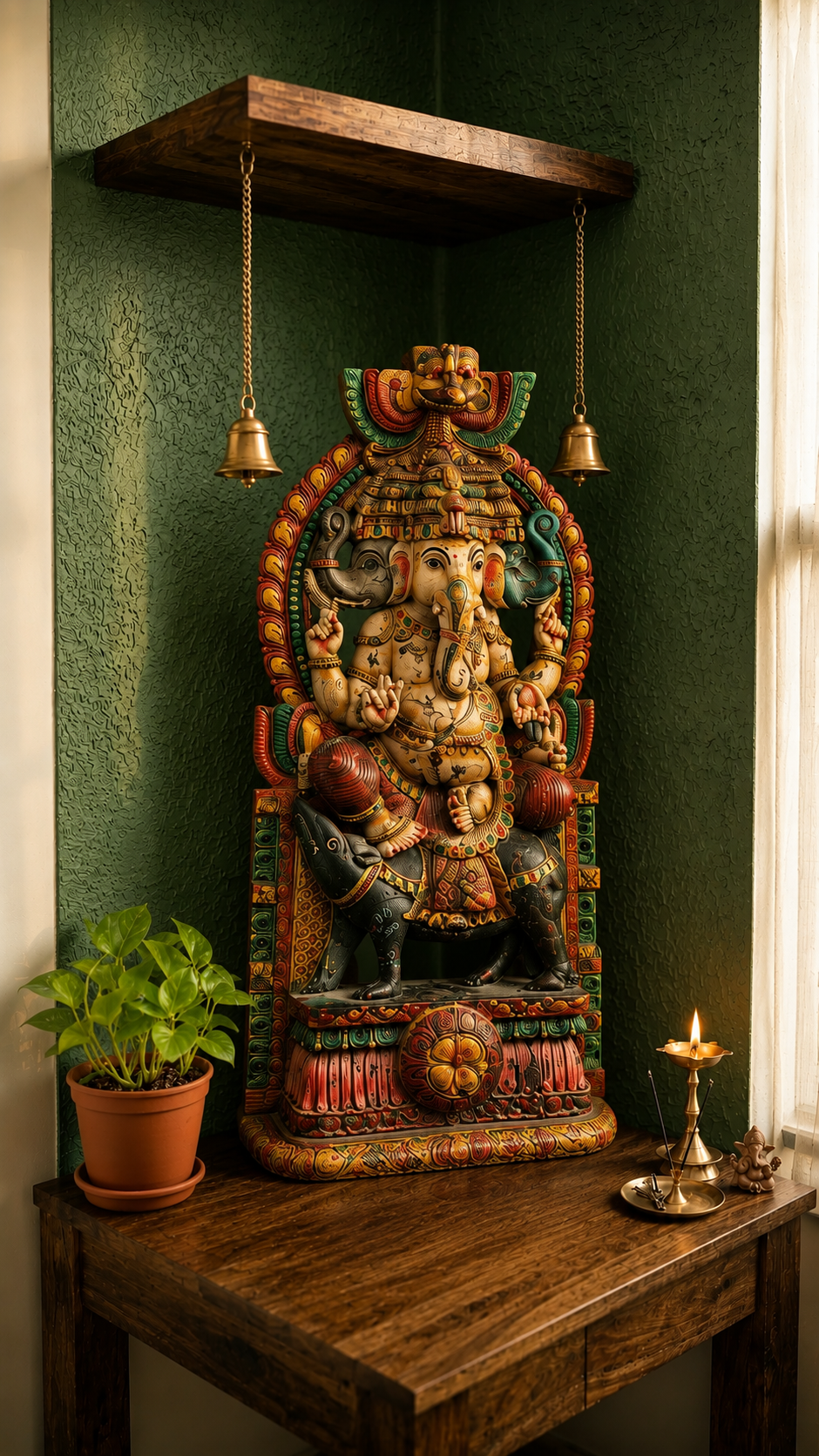 A large, intricately carved Ganesha idol displayed on a wooden altar shelf in a home setting, flanked by a potted green plant and a brass oil lamp against a textured dark green wall.