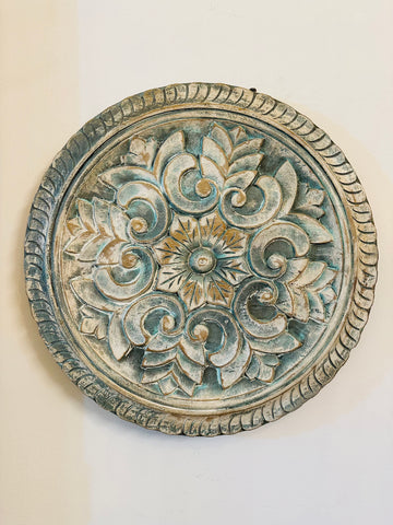 Vintage home decor Turquoise carved wall decor Hand-carved wall art Intricate details home decor Turquoise finish wall decor Unique wall decor Timeless home decor Imperfections in wood decor Natural wood enhancements Home decor with character, tesu