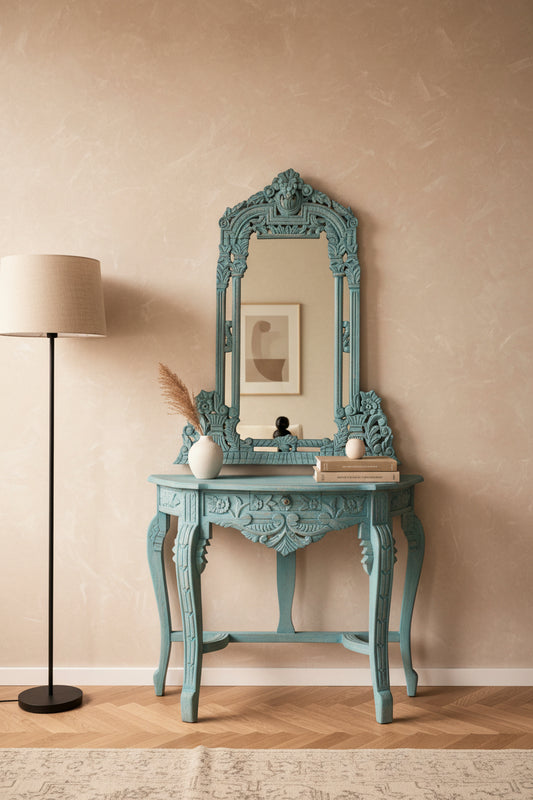 Turquoise hand-carved console and mirror set crafted from reclaimed wood with intricate traditional Indian carvings and a distressed vintage finish.