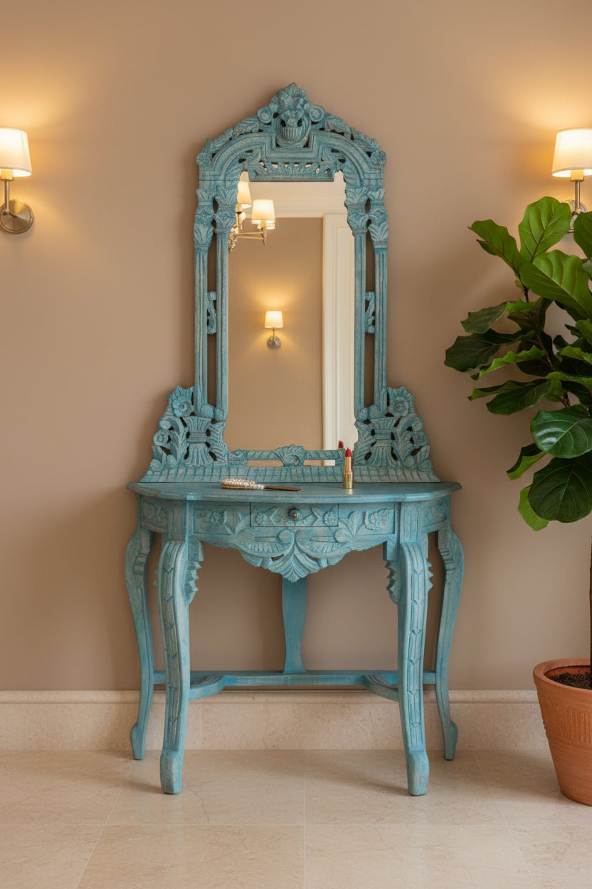 Turquoise hand-carved console and mirror set crafted from reclaimed wood with intricate traditional Indian carvings and a distressed vintage finish.