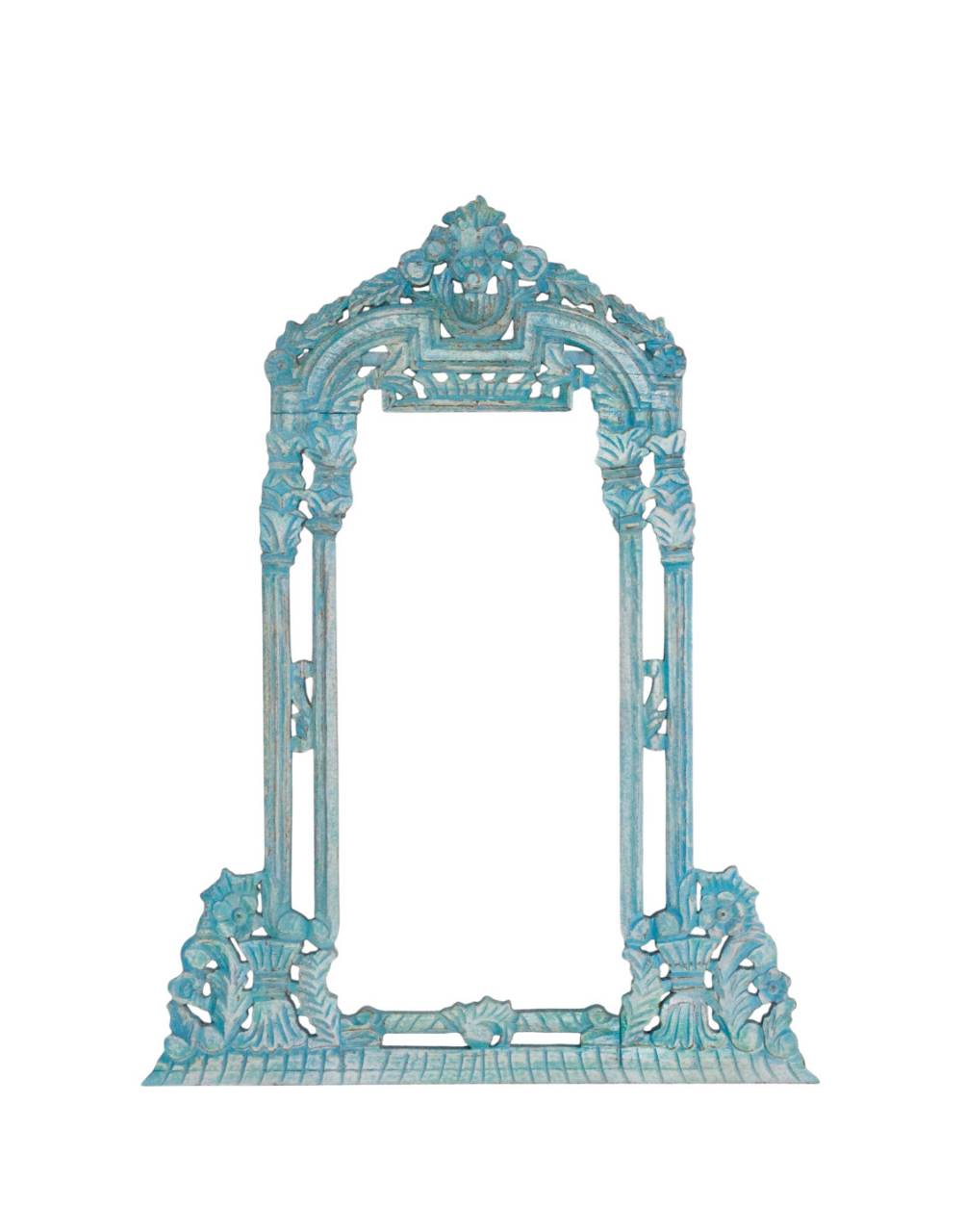 Turquoise hand-carved console and mirror set crafted from reclaimed wood with intricate traditional Indian carvings and a distressed vintage finish.