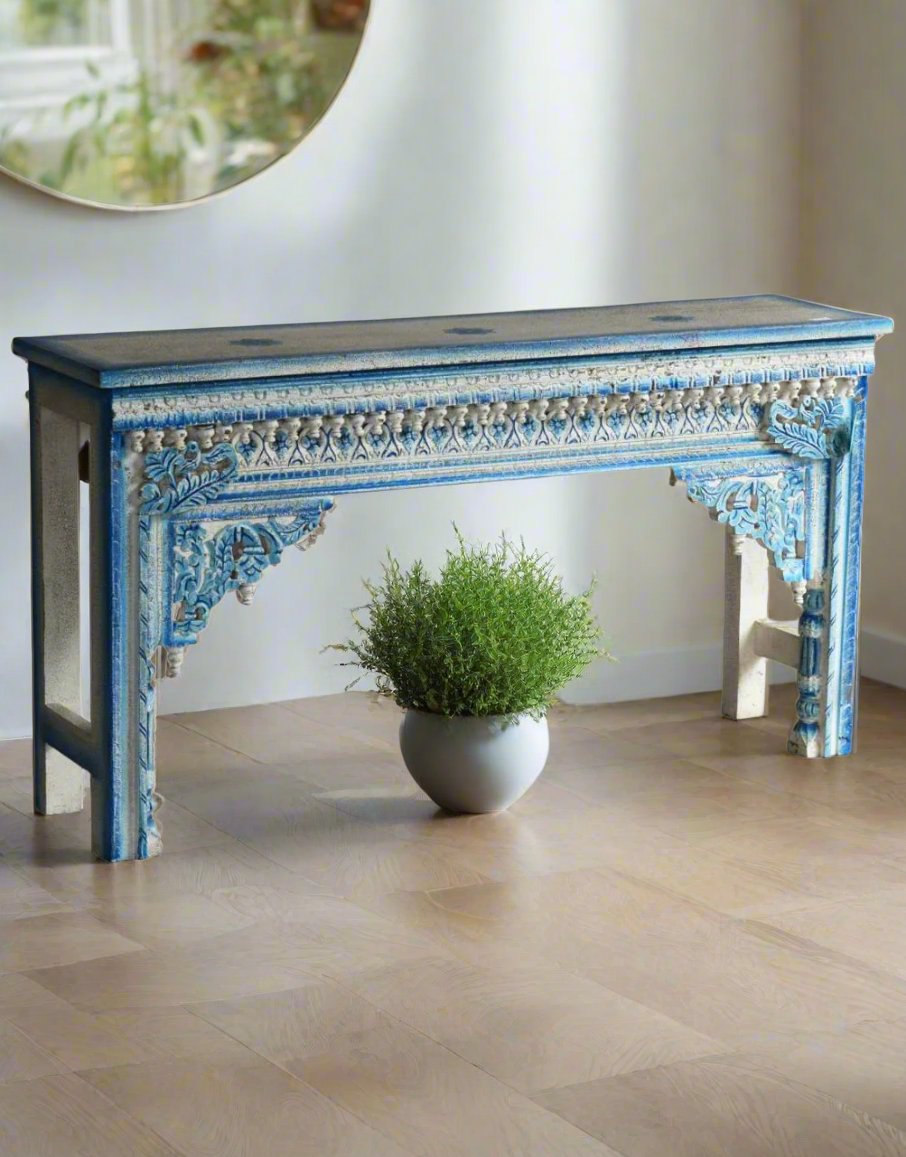 Turquoise wooden painted console table
Hand-carved mango wood furniture
Exquisite craftsmanship decor
Multi-color console table
Elegant home accents
Luxury console table
Unique wooden furniture
Sophisticated home decor
Artisan-crafted console table
Charming living room table
Decorative accent table
Stylish entryway furniture
Exclusive home piece
Vibrant color furniture
Timeless wooden table