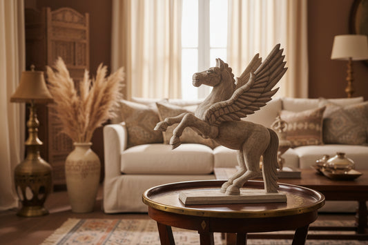 Handcrafted winged horse sculpture in a distressed vintage finish, featuring intricate carved details and raised wings, styled as an elegant statement décor piece for classic and rustic interiors.