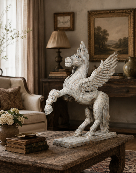 Udan Ashwa Handcrafted Sculpture depicting a stylized flying horse, crafted with fine detailing and artistic form, symbolizing movement, freedom, and traditional craftsmanship in a refined decorative finish.