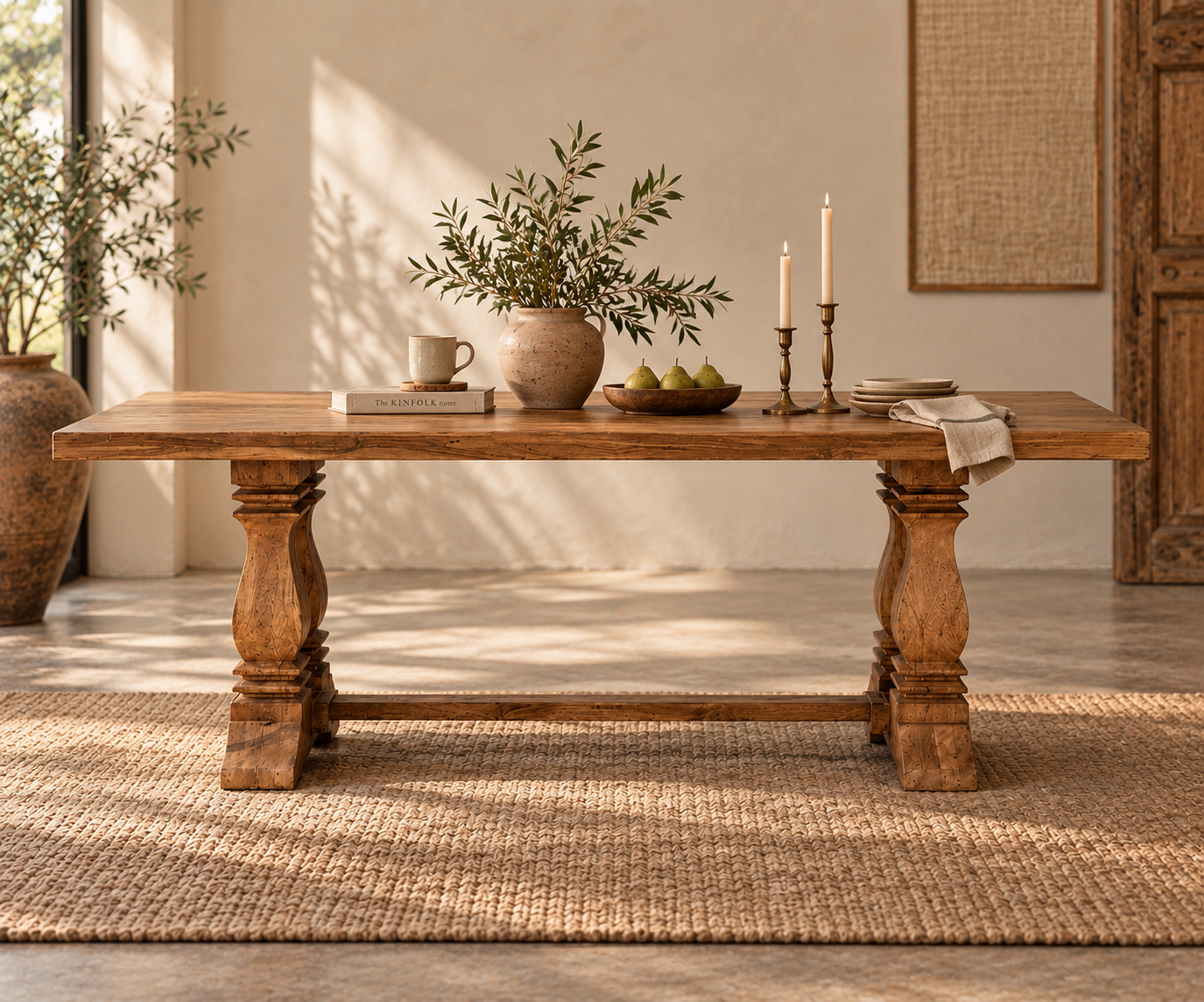 A rustic wooden dining table with turned legs and a stretcher bar, styled in a warm, sunlit room with a woven rug, candles, and a potted plant.
