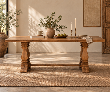 A rustic wooden dining table with turned legs and a stretcher bar, styled in a warm, sunlit room with a woven rug, candles, and a potted plant.