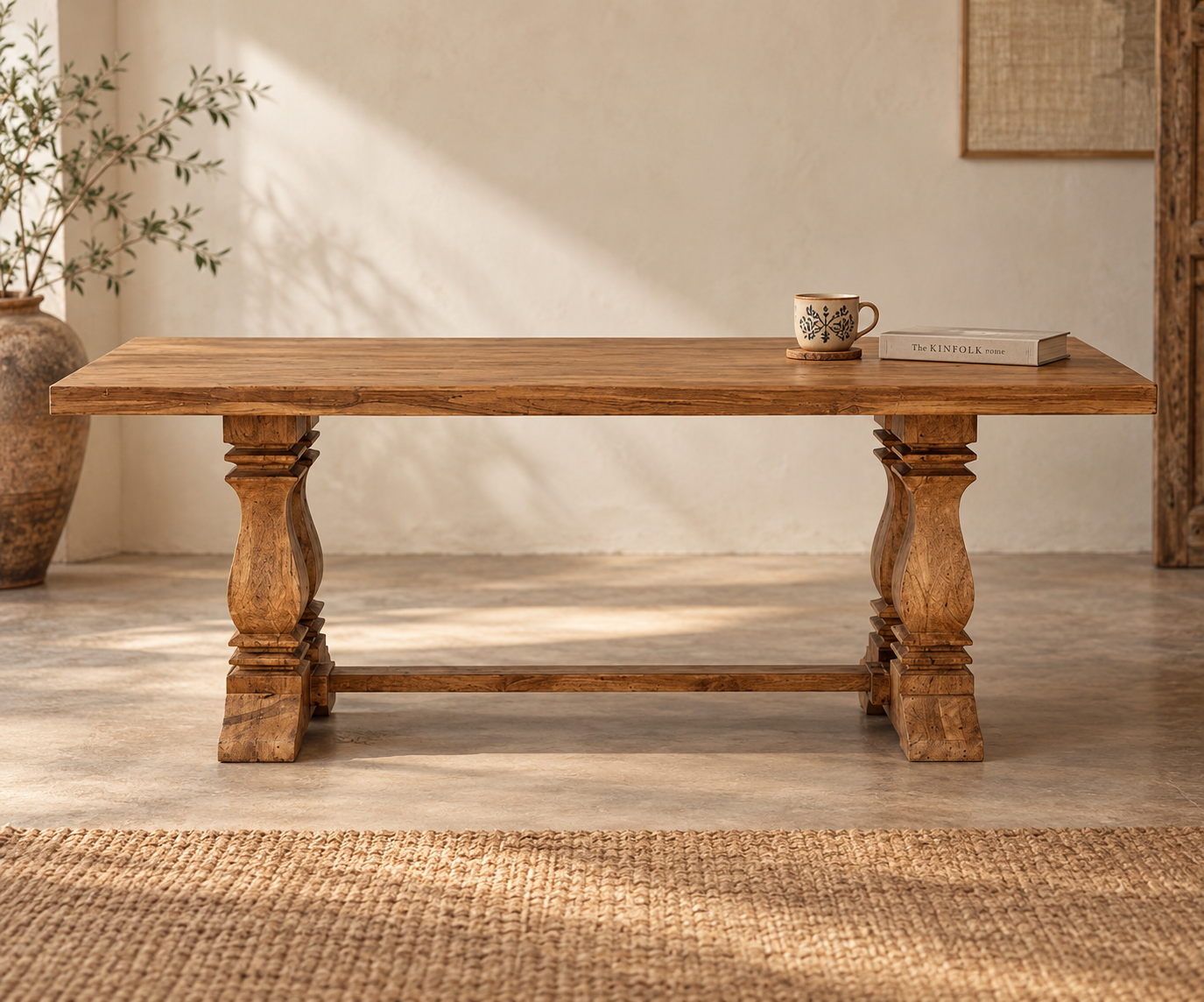 A rustic rectangular wooden table with turned legs and a stretcher bar, shown in a warm, sunlit room with a vase, plant, book, and cup on top.