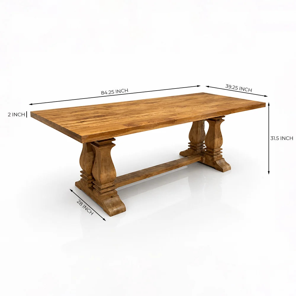 A rustic wooden dining table with dimension lines and text overlays showing its measurements: 84.25 inches long, 39.