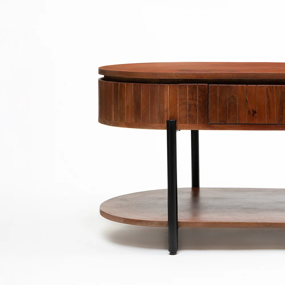 Elegant oval silhouette with beautifully fluted wood detailing.
