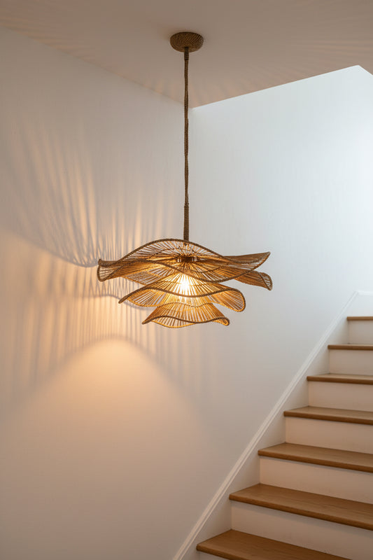 Decorative ceiling light fixture hanging in a room with a neutral wall and white cabinet.