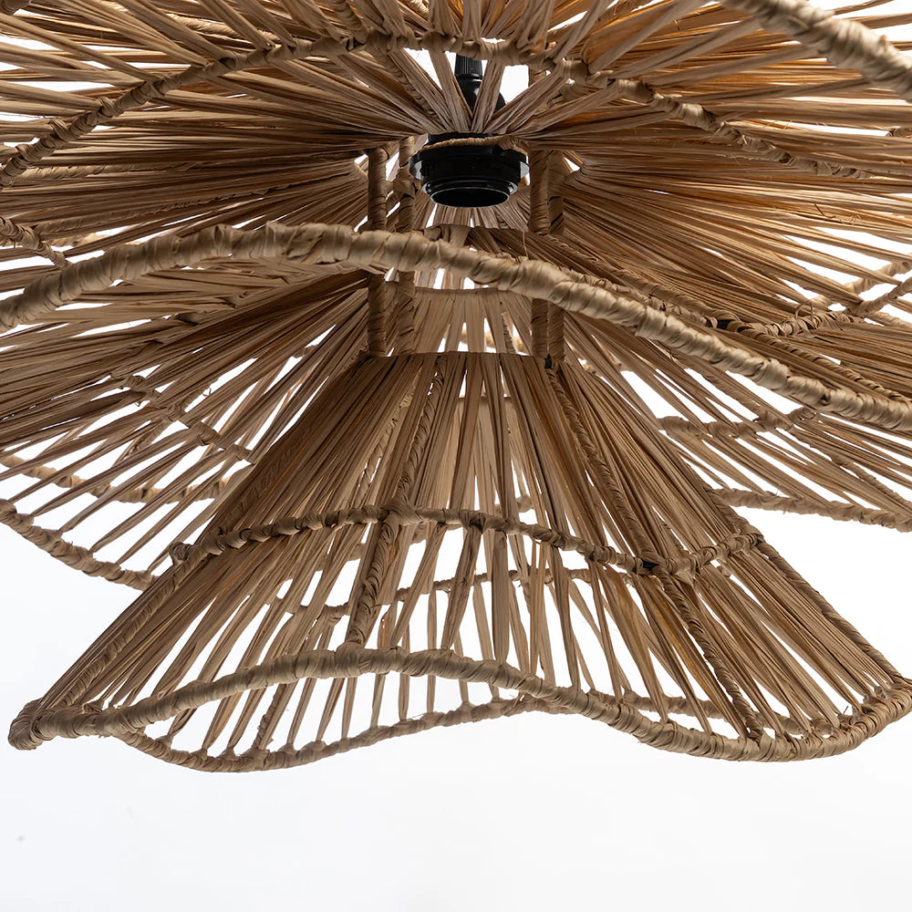 Woven rattan ceiling light fixture on a white background