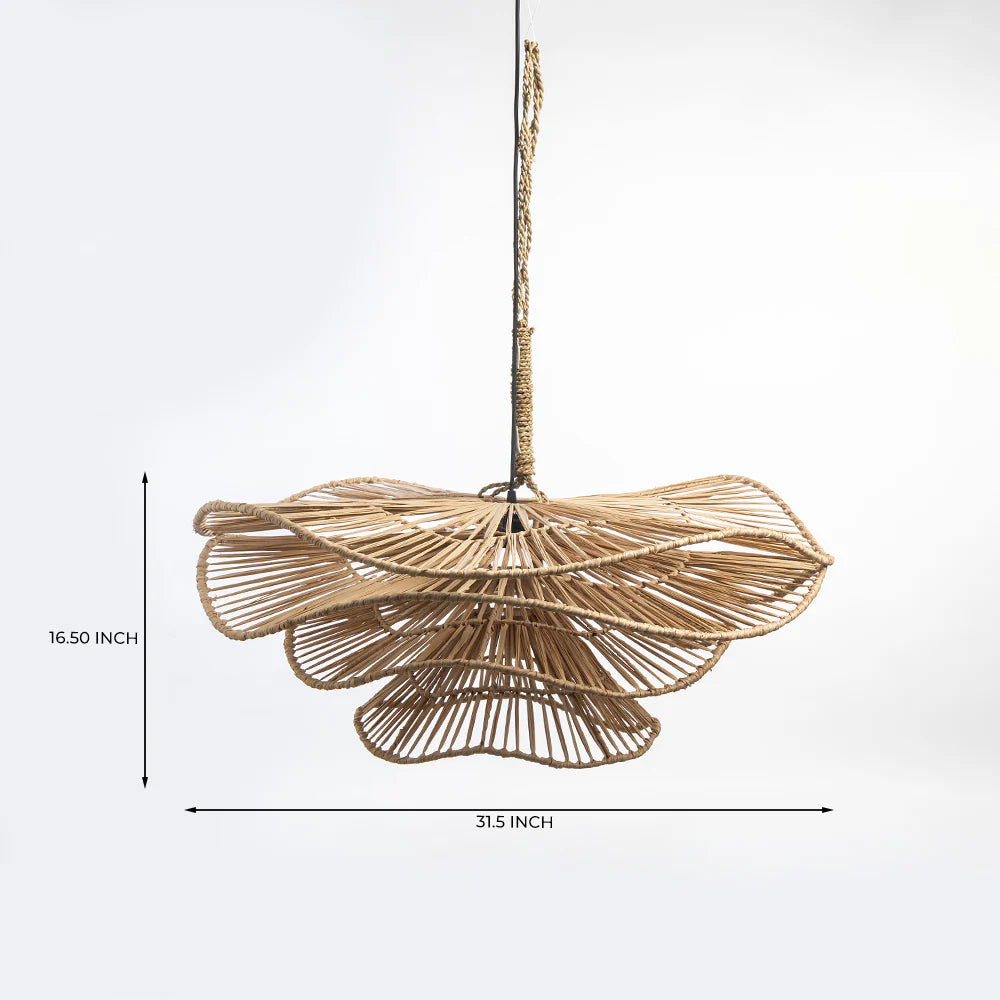Woven pendant light with dimensions on a white background
