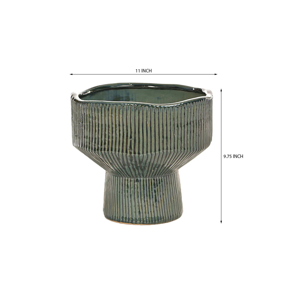Green textured vase with dimensions on a white background