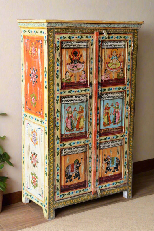 Bring your interiors to life with the Vibrant Veda Console, a handcrafted masterpiece made from solid mango wood and adorned with intricate Indian folk art.