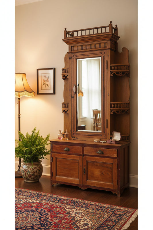Wooden cabinet with mirror and decorative elements on a plain background