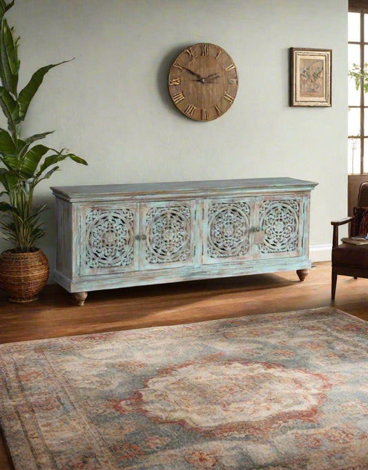 Vintage Carved Turquoise Sideboard - TESU