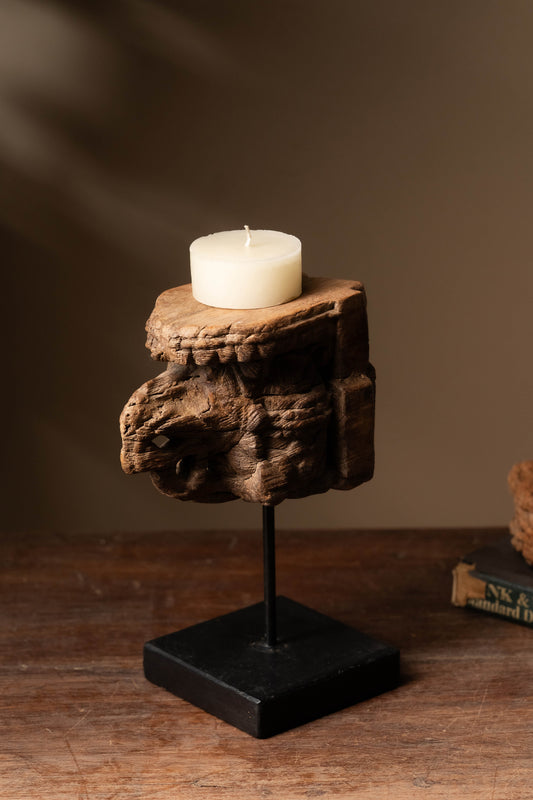 Vintage Carved Wooden Candle Holder - Design 4