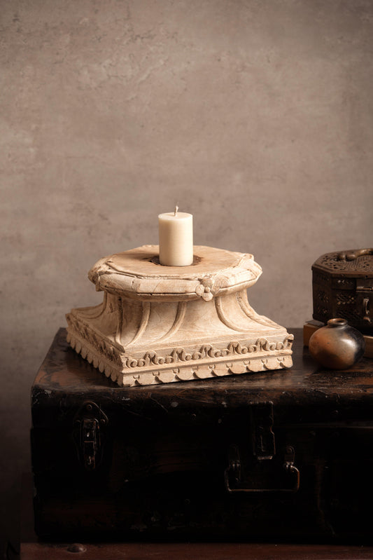 Vintage Handcarved Wooden Candle Stand - Square - TESU