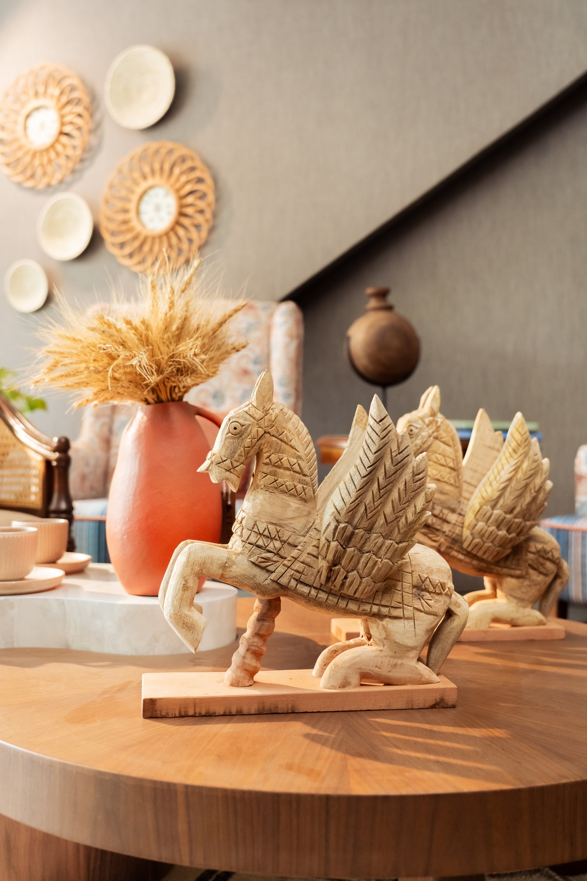  A fusion of vintage charm and ethereal beauty, this exquisite piece invites you to embark on a journey through the imagination, where the elegance of a horse meets the enchantment of flying feathers. 