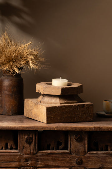 Vintage Wooden Pillar Candle Holder - Design 2