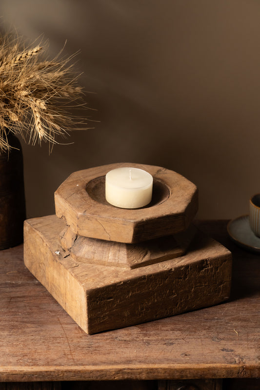 Vintage Wooden Pillar Candle Holder - Design 2
