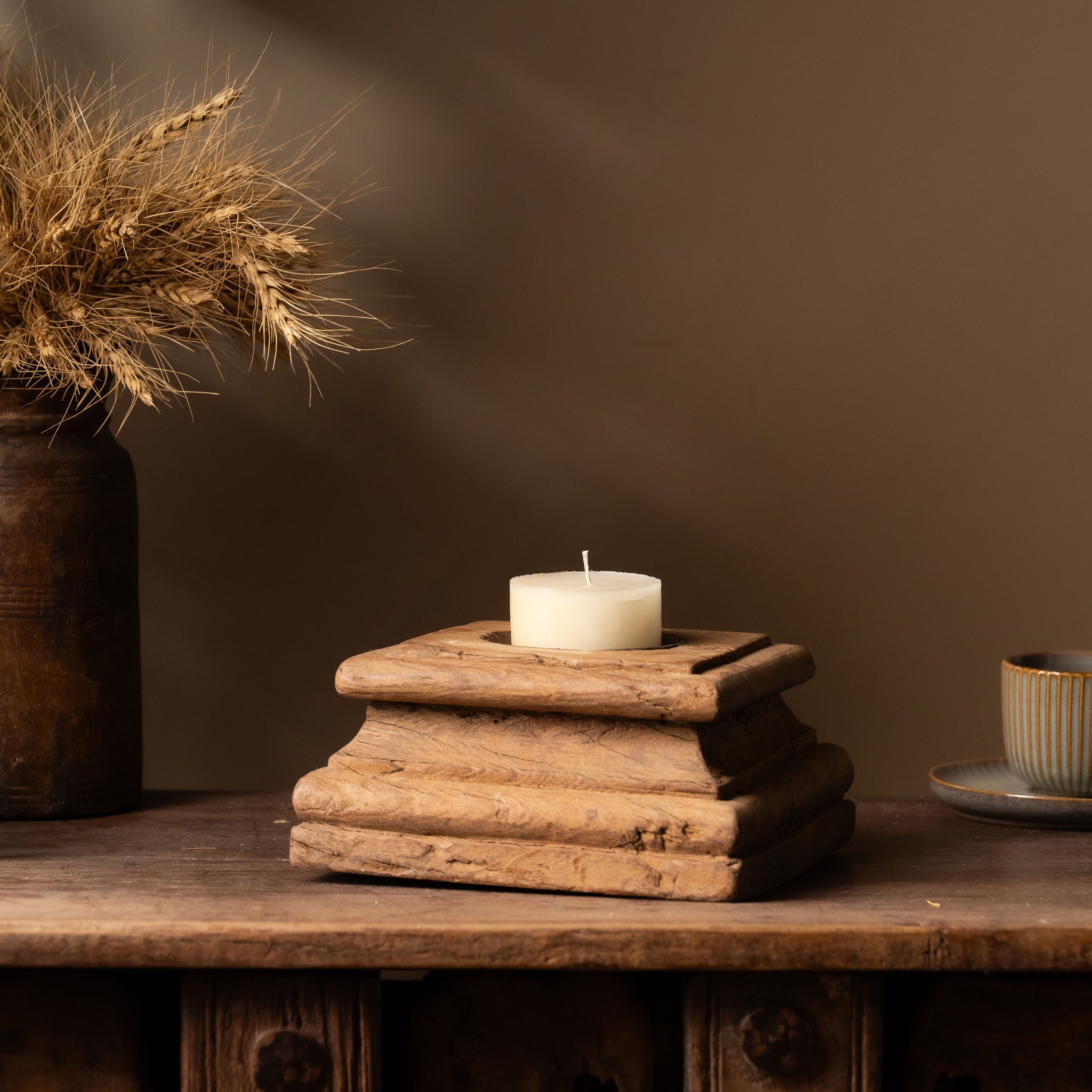 Vintage Wooden Pillar Candle Holder - Design 3