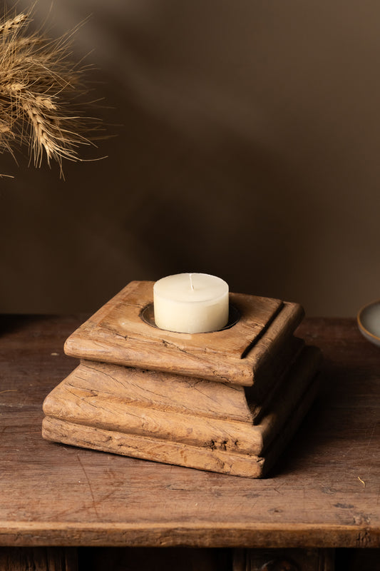 Vintage Wooden Pillar Candle Holder - Design 3