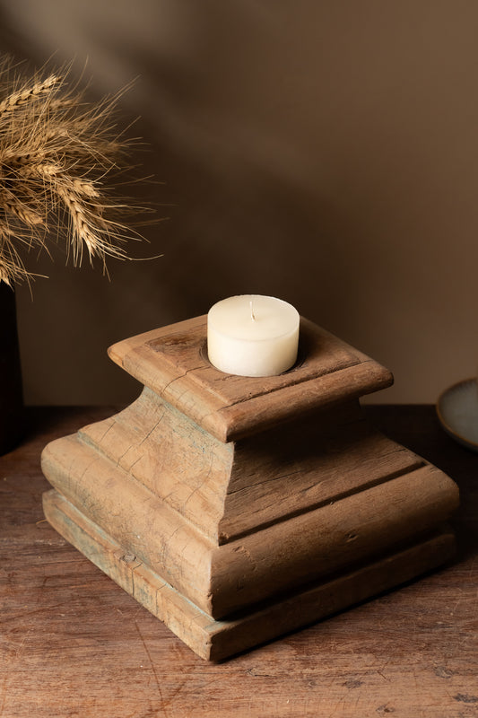 Vintage Wooden Pillar Candle Holder - Design 4