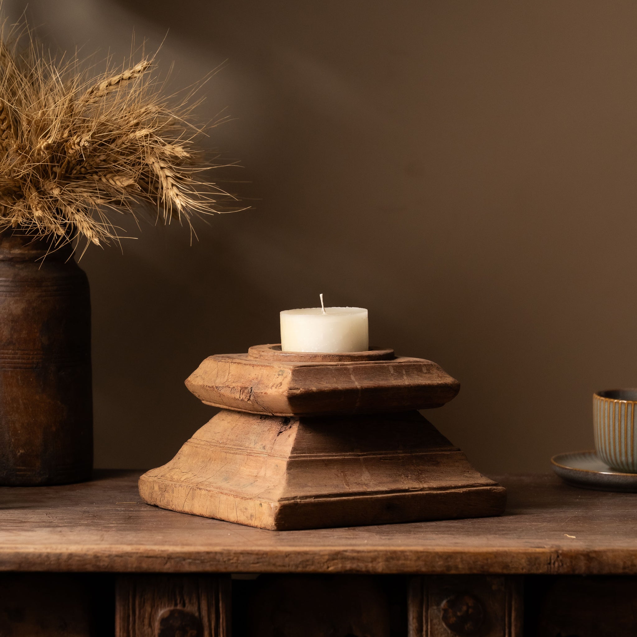 Vintage Wooden Pillar Candle Holder - Design 5