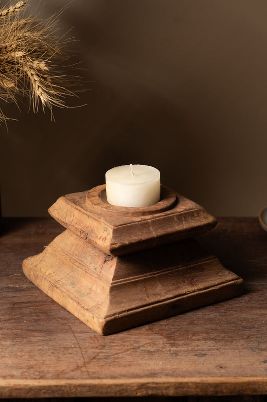 Vintage Wooden Pillar Candle Holder - Design 5