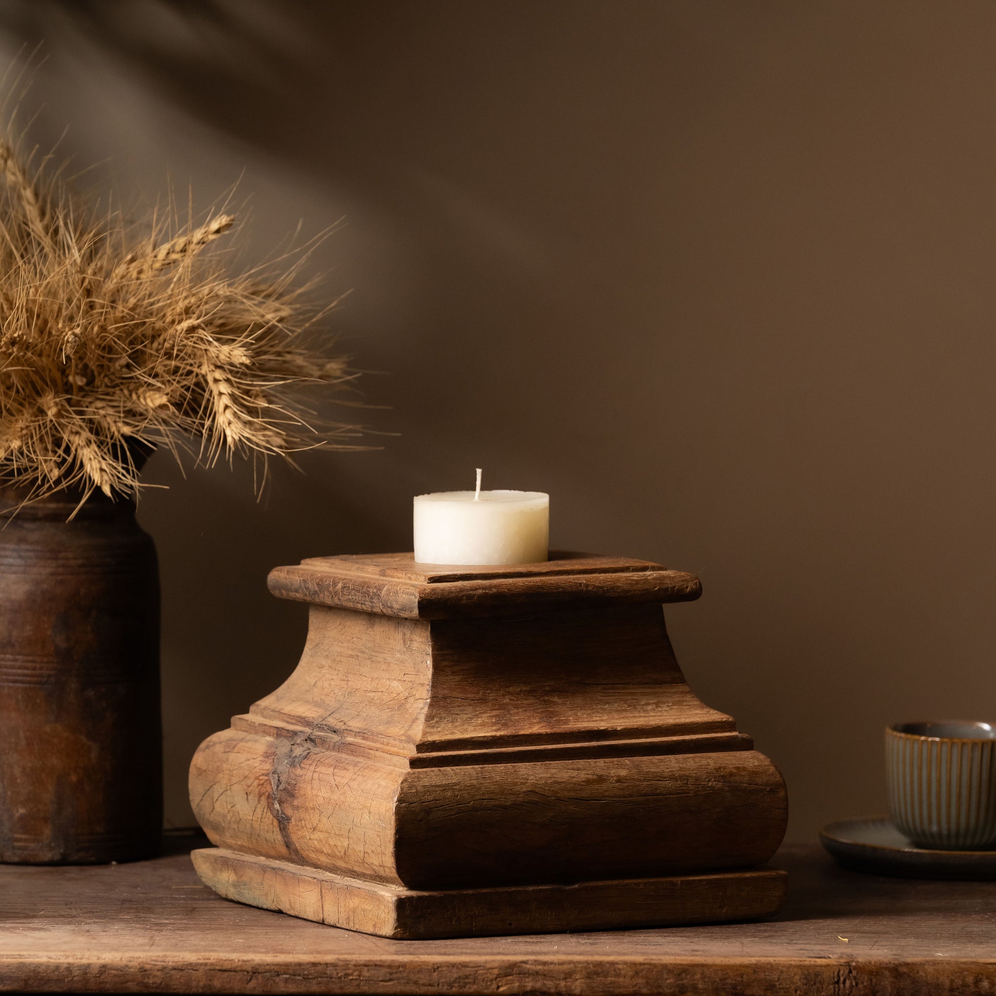 Vintage Wooden Pillar Candle Holder - Design 1