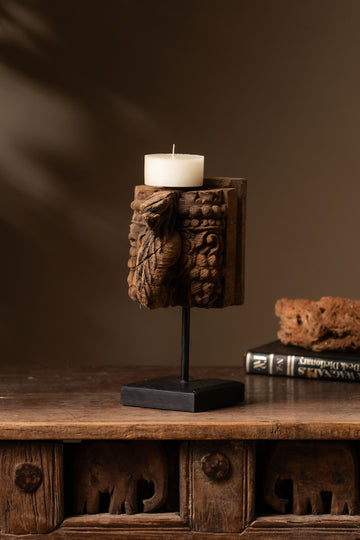 Vintage Carved Wooden Candle Holder - Design 1