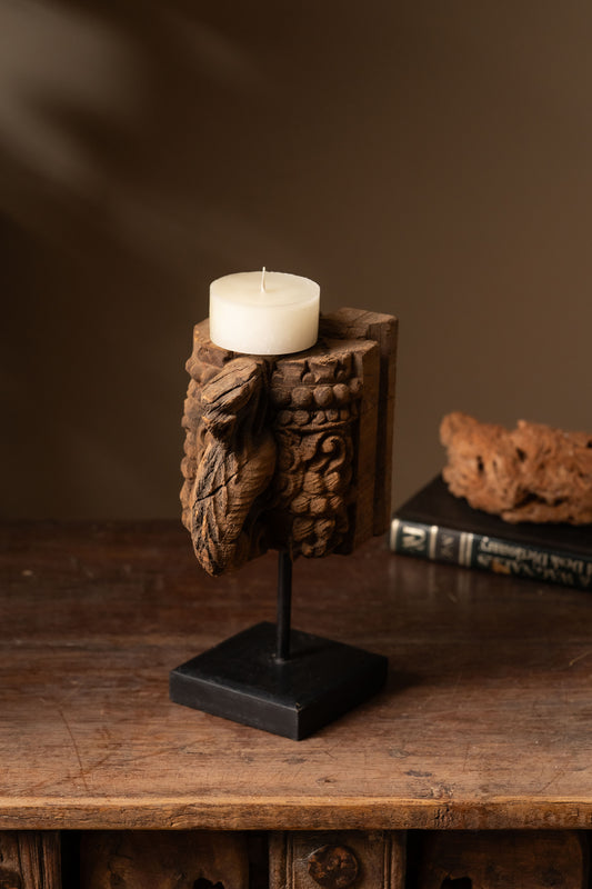 Vintage Carved Wooden Candle Holder - Design 1