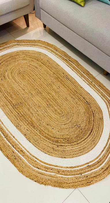 Handwoven Jute Rug with White Threads - Oval
