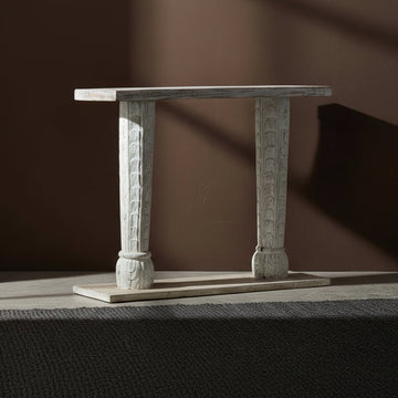 White hand-carved wooden console table with column legs and ornate carved detailing – Tesu Furniture & Seating