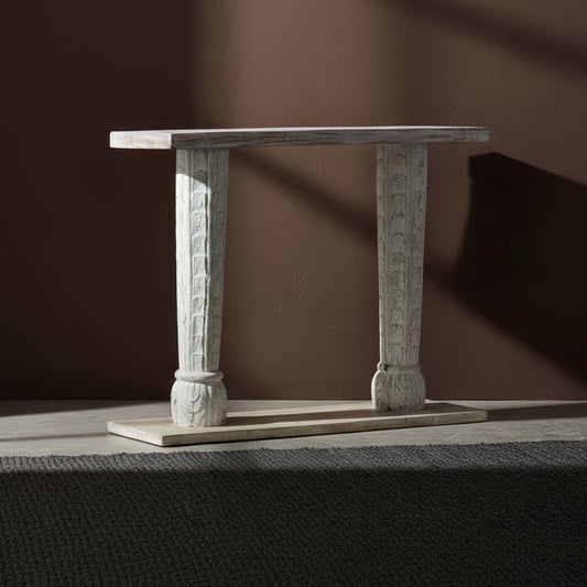 White hand-carved wooden console table with column legs and ornate carved detailing – Tesu Furniture & Seating