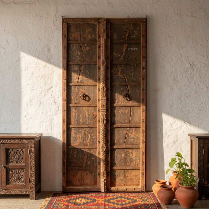 A pair of tall, rustic double wooden doors with a weathered brown and bronze finish, featuring circular metal hardware and rivets, set against a textured gray wall and tiled floor.